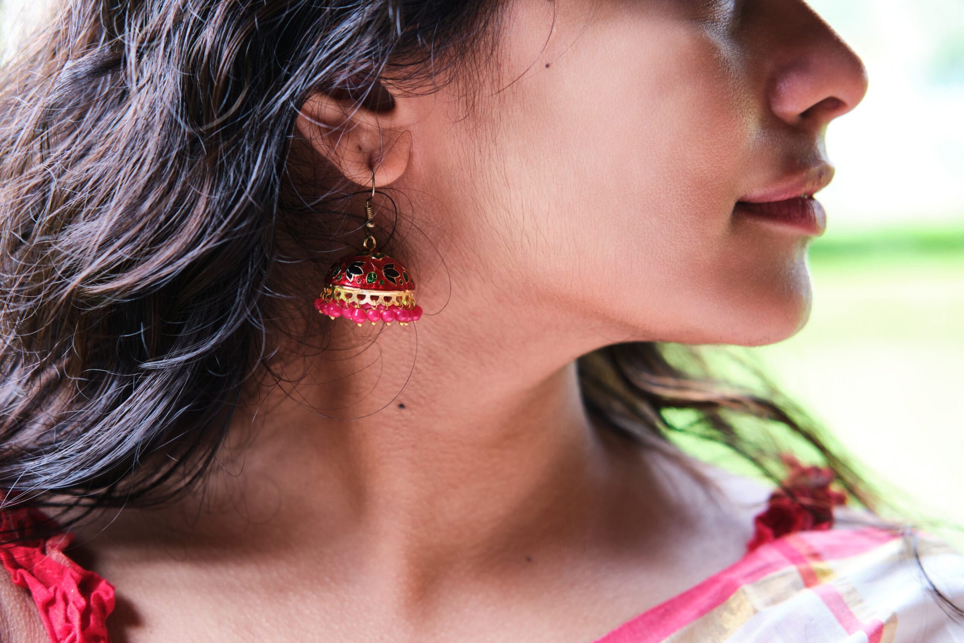 Red enamel jhumka