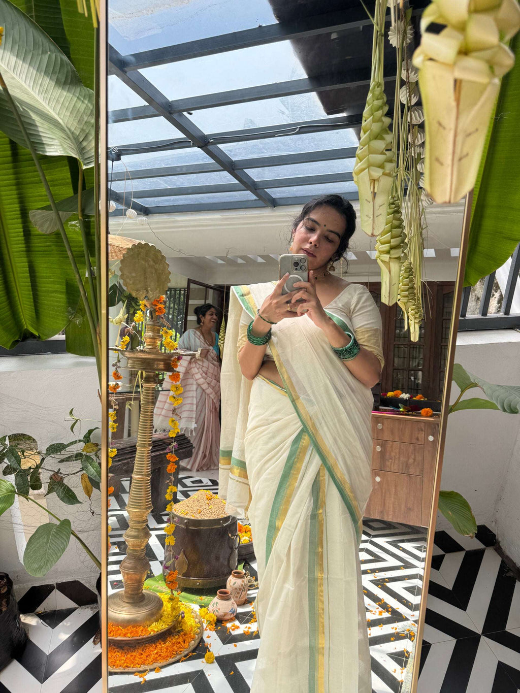 Green/golden Kasavu set mundu 2