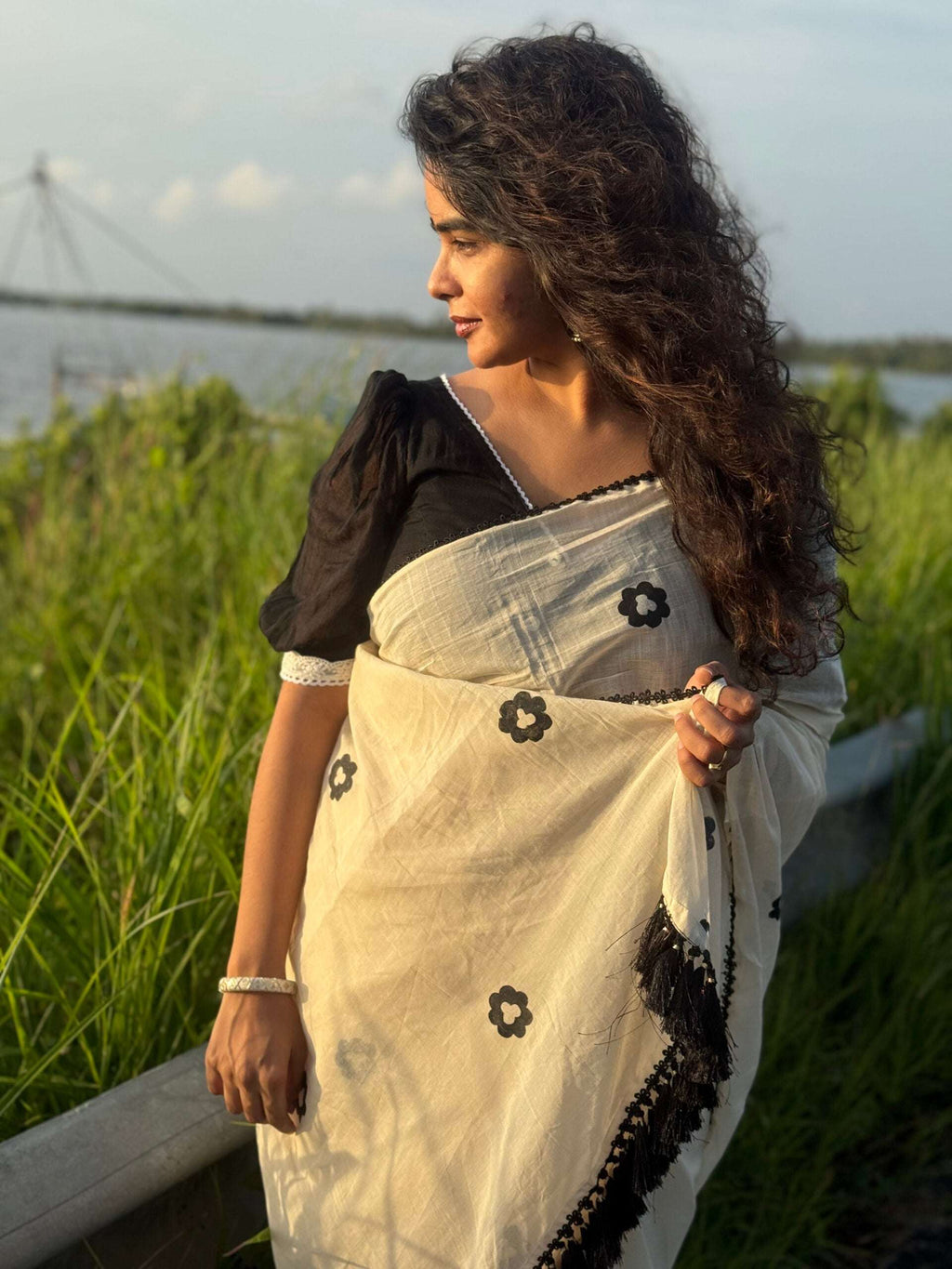 Black blossom Handpainted saree