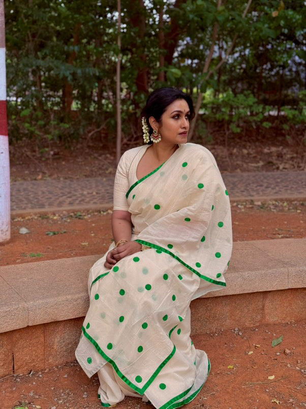 Green polka dots Saree