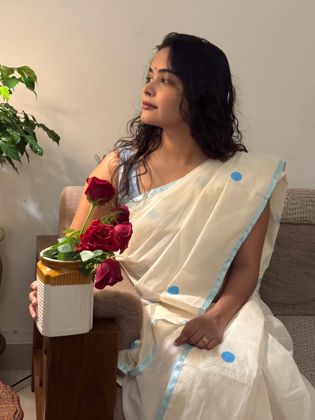 Blue polka dot saree