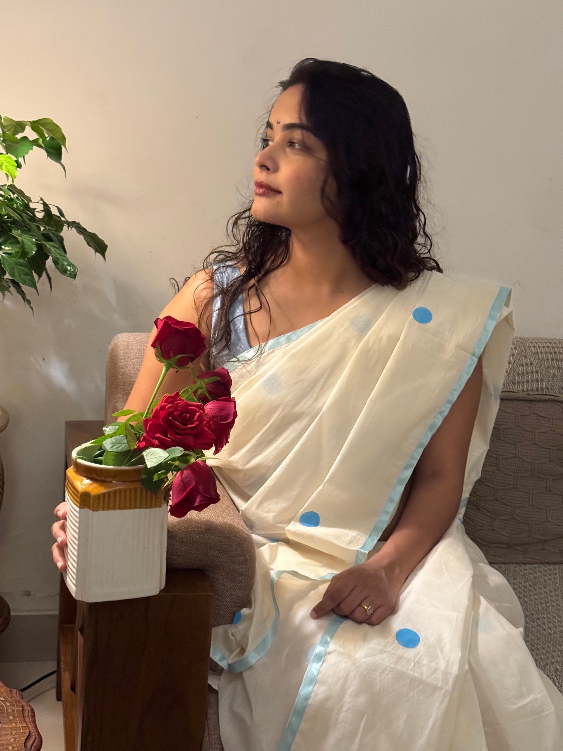 Blue polka dot saree