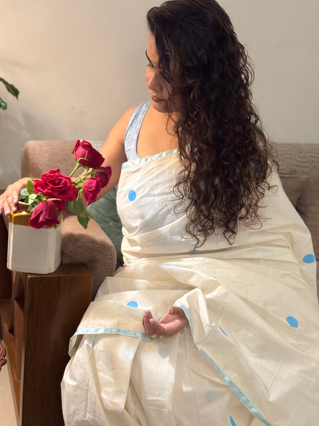 Blue polka dot saree